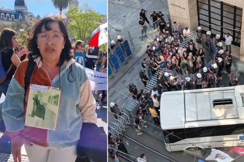 Solda, Plaza De Mayo Anneleri'nin destek videosundan ekran görüntüsü. Sağda, Cumartesi Anneleri gözaltına alınıyor. Fotoğraf: Özcan Yaman/Evrensel